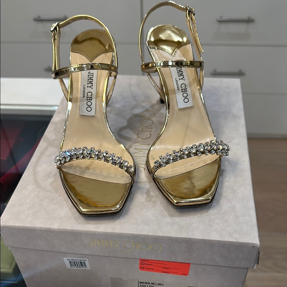 Jimmy Choo Gold Heels with Crystal Embellishments